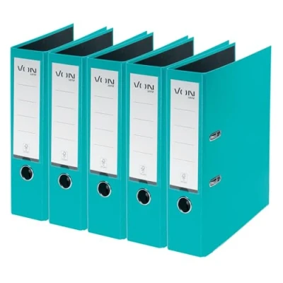Abbildung von VON Leitz Ordner A4, 5er Pack, Karton mit Kunststoffeinband, 80 mm Rückenbreite, Für 600 Blatt, Blauer Engel &amp; FSC zertifiziert, Schule, Studium Zuhause, Türkis, 10551052