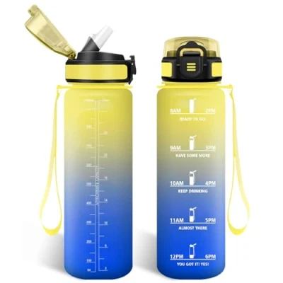 Abbildung von HoneyHolly Trinkflasche 1L mit Strohhalm, Kohlensäure Geeignet, Wasserflasche Sport Zeitmarkierungen, Auslaufsichere und BPA frei, Water Bottle für Fitnessstudio, Radfahren, Laufen