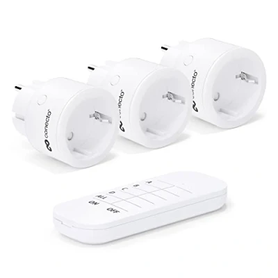 Abbildung von conecto® Funk Steckdosen Set: 3x Funksteckdose und 1x Fernbedienung, Innenbereich, 2300 Watt, kompaktes Design, weiß