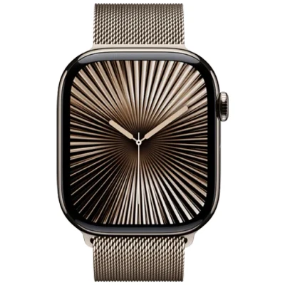 Abbildung von Apple Watch Series 10 (GPS + Cellular 46 mm) Smartwatch mit Titangehäuse in Natur und Milanaise Armband (M/L). Fitnesstracker, EKG App, Always On Retina Display, Wasserschutz