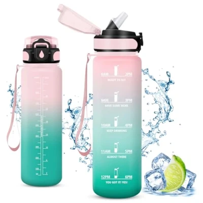 Abbildung von Vikaster Trinkflasche Fahrrad, Water Bottle with Straw 1L, Leak Proof, BPA Free, Sportflasche für Camping, Yoga, Gym, Schule, Outdoors