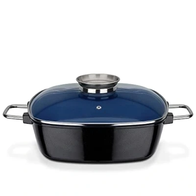 Abbildung von GSW 167413 Ceramica Kobaltblau Induktion Viereckbräter mit Aroma Glasdeckel 28x28x8,5cm / ca. 5,0 Liter, Aluguss, schwarz/blau, 28 cm, 2 Einheiten