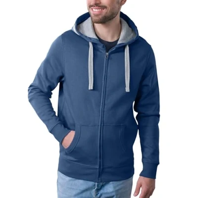 Abbildung von HRM Herren Hooded Jacket, denim, Gr. M I Premium Kapuzenjacke mit Kontrast Innenfutter Basic Hoodie Reißverschluss Zip Hochwertige &amp; nachhaltige Bekleidung