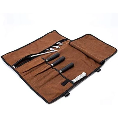 Abbildung von UKTYUAS Messertasche,messertasche kochmesser,Tragbare Messer Rolltasche,4 Fächer, gewachstes Leinen,Multifunktionale Werkzeugrollentasche mit Reißverschlusstasche