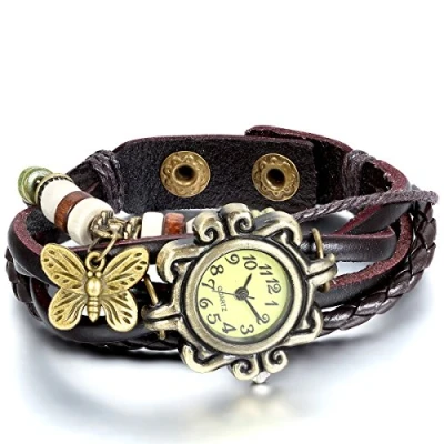 Abbildung von JewelryWe Damen Armbanduhr, Retro geflochten Leder Armband Armreif Armkette Uhr mit Schmetterling Anhänger, Braun Bronze