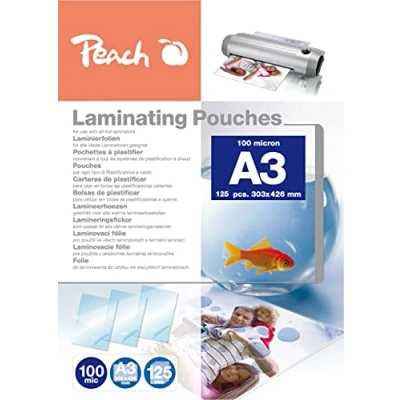 Abbildung von Peach Laminierfolien A3 100 mic 125 pouches glänzend Premiumqualität für beste Laminierergebnisse kompatibel mit Geräten aller Markenhersteller PP500 01P