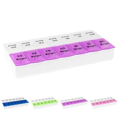 Abbildung von WELLGRO Tablettenbox für 7 Tage, je 2 Fächer pro Tag, 4 Farben zur Auswahl, Farbe:Blau