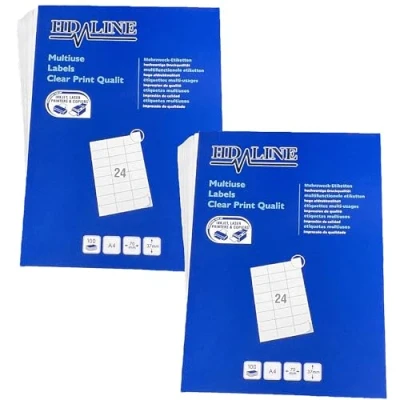 Abbildung von Hd line Adressetiketten 2 Packungen, 100 Blatt, 70 x 37 mm, 4800 Stück, Selbstklebend, bedruckbar, matt, blanko Papier Adressaufkleber Etiketten, Universal, 24 pro A4 Bogen, weiß