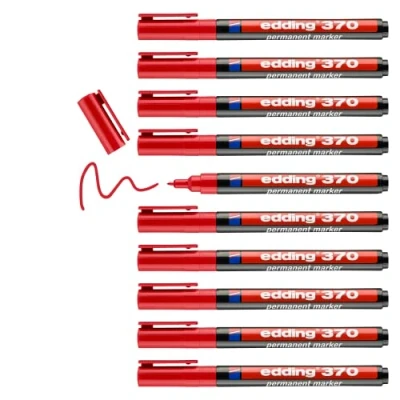 Abbildung von edding 370 Permanentmarker rot 10 Stifte feine Rundspitze 1 mm wasserfest, schnell trocknend Multimarker, Universalstift für Karton, Kunststoff, Holz, Metall, Glas, Stein, Leinwand