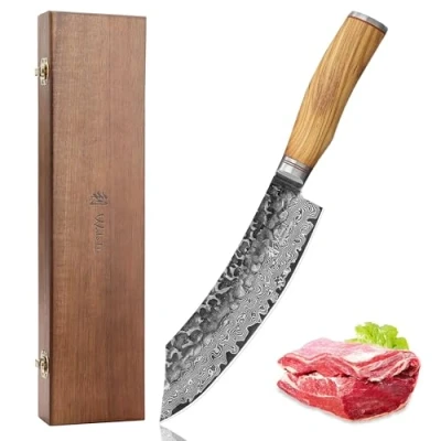 Abbildung von Wakoli Olive HS Damastmesser Blockmesser &amp; BBQ Messer I 20 cm Klinge gefertigt aus 67 Lagen echtem Damaststahl mit edlem Olivenholzgriff und Hammerschlag Premium Küchenmesser in edler Holzbox