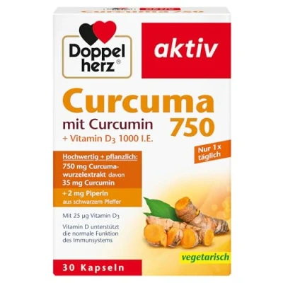Abbildung von Doppelherz Curcuma 750 mit Curcumin + Vitamin D3 1000 I.E. D unterstützt die normale Funktion des Immunsystems 30 vegetarische Kapseln