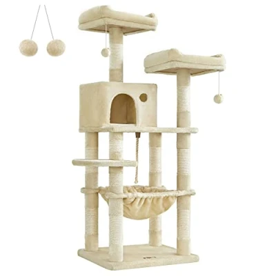 Abbildung von Feandrea Kratzbaum, 143 cm hoch, Katzenbaum mit 11 Kratzsäulen, 2 Plattformen, 1 Katzenhöhle, Hängematte, Plüschbällen, Plüsch, mehrstöckiges Design, beige PCT15BE