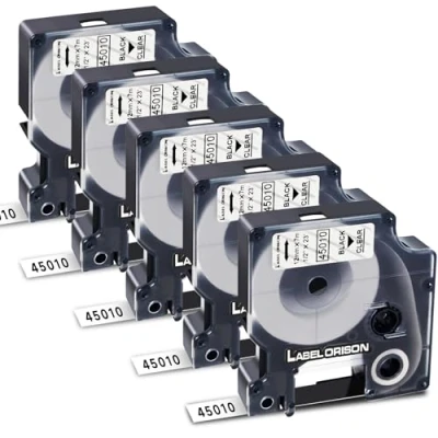 Abbildung von Label Orison 45010 12mm Kompatibel mit Dymo Maker Nachfüllpackungen für D1 Etikettenbänder, LabelManager 100 160 200 210D 280 500TS 420P 360D LabelWriter 450 Duo, Schwarz auf Klar, 5X