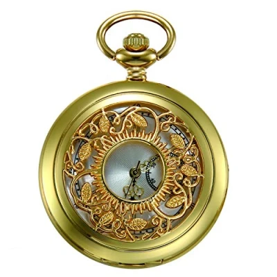 Abbildung von JewelryWe Retro Taschenuhr Golden Gehäuse Hohle Blumen Muster Herren Damen Analog Quarz Uhr Kettenuhr mit Halskette Kette Pocket Watch Geschenk