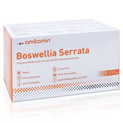 Abbildung von amitamin Boswellia Serrata Weihrauch 100% Indischer Premium Extrakt 85% Säuren 120 Kapseln für 4 Monate Apothekenqualität ohne Zusätze chemische Entzündungshemmer Vegan