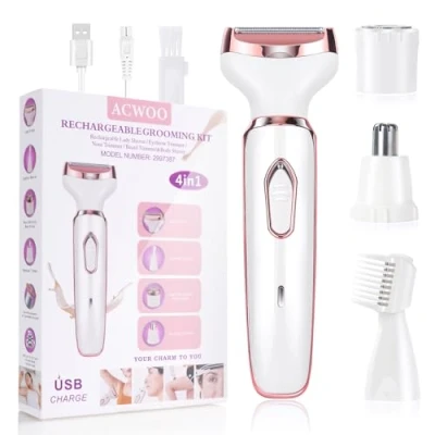 Abbildung von ACWOO Elektrischer Rasierer für Frauen, 4 In 1 Damenrasierer, Schmerzfreier Intimrasierer Haartrimmer Gesicht Nase Achseln Intimbereich Bikinizone, USB Aufladung