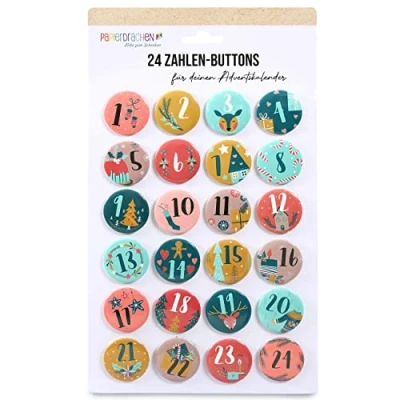 Abbildung von Papierdrachen 24 Adventskalender Zahlen Buttons 35mm Anstecknadeln zum Dekorieren von Adventskalendern mit 1 Bunt Ideal für Stoffsäckchen, Tüten und Beutel