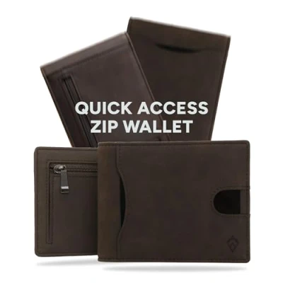 Abbildung von AKIELO Geldbörse Faltbar mit Reißverschluss Münztasche, RFID Schutz und Geschenkbox Stylischer Herren Geldbeutel Kontaktloser Kreditkartenschutz Wallet (Dunkle Mokka Ausgabe Reißverschluss)