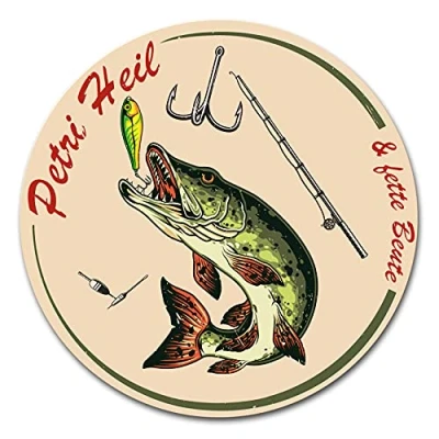 Abbildung von Finest Folia Fisch Aufkleber im Retro Stil 10x10cm Angeln Fischen Vintage Sticker für Auto Boot Angelkoffer Angel Zubehör wetterfest R164 (01 Hecht, Petri Heil)