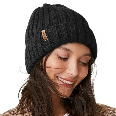 Abbildung von FURTALK Womens Knit Beanie Hüte Double Layer Baumwolle gefüttert Chunky Winter Slouch Style Cap, Schwarz, Einheitsgröße
