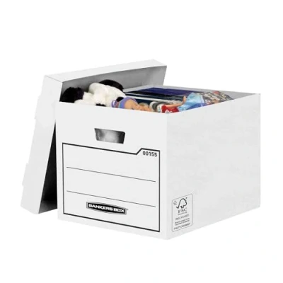 Abbildung von Bankers Box Aufbewahrungskarton mit Deckel aus stabiler B Flute Wellpappe, braun, für Haushaltsgegenstände, Spielzeug, Dokumente, 100% recycelt und recycelbar, Farbe: weiß, Pack 10 Stück