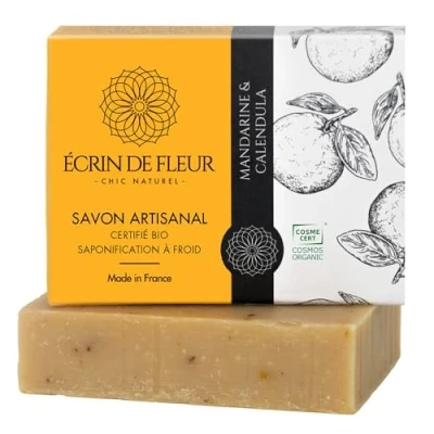 Abbildung von ÉCRIN DE FLEUR Feste mandarin Seife BIO zertifiziert Handgemachte mit ätherischem Mandarinenöl, Aprikosenöl, Ringelblumen, für trockene Haut, 1 x 90g