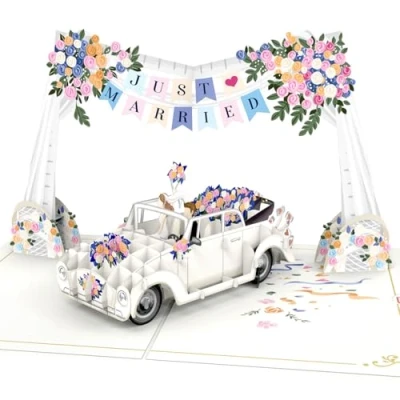 Abbildung von papercrush® Pop Up Karte Hochzeitsauto und Just Married Girlande Edle 3D Hochzeitskarte für Brautpaar, Glückwunschkarte zur Hochzeit, Gutschein Hochzeitsreise Flitterwochen Geldgeschenk