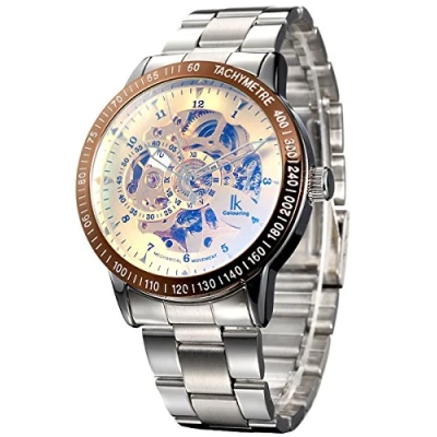 Abbildung von Alienwork IK Automatikuhr Armbanduhr Herren Damen Silber Edelstahl Metallarmband Gold Skelett Glasboden