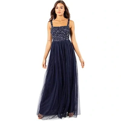 Abbildung von Maya Deluxe Damen Women&#039;s Maxi Wide Straps Sleeveless Square Neckline Embellished for Wedding Guest Bridesmaid Dress, Navy, EU 54(UK 26)