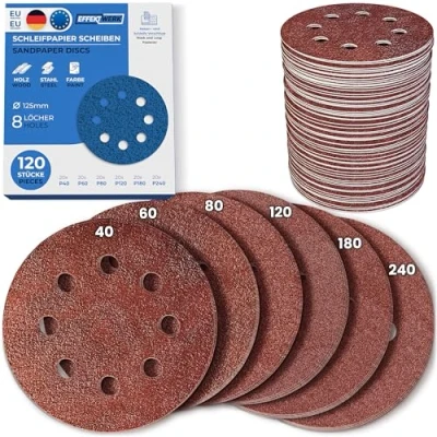 Abbildung von EffektWerk Schleifscheiben (120er Pack, 8 Löcher), 125 mm Schleifpapier mit mehreren Körnungen (40, 60, 80, 120, 180, 240)