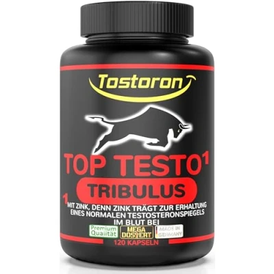 Abbildung von Tostoron TURBO TESTO TRIBULUS + MEGA MACA dein Antrieb! HOCHDOSIERT 120 Kapseln Pinienrinden Extrakt, Vitamin C B5, Selen, Zink, 1 Dose [1x100g]