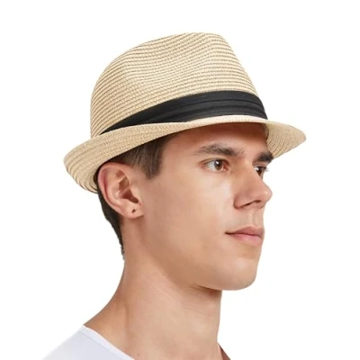 Abbildung von Zylioo L Trilby Fedora Strohhut für Großen Kopf,Stroh Sonnenhut Herren mit Roll UP Krempe,UV Schutz Sommerhut Strandhut