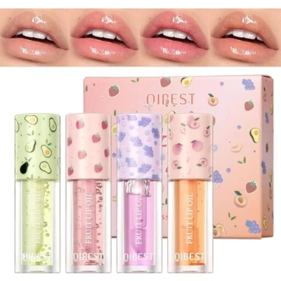 Abbildung von 4 Stück Jelly Lipgloss Set, Feuchtigkeitsspendendes Lippenöl Lip Gloss, Lippenbalsam mit Fruchtgeschmack Lippenpflege Oil für Frauen Mädchen
