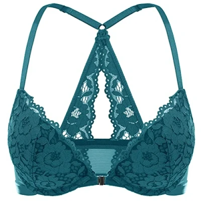 Abbildung von DOBREVA Damen Vorderverschluss BH mit Bügel Push Up Spitzen Neckholder BHS Racerback Tiefer Ausschnitt Gepolsterter Fichtengrün 85E