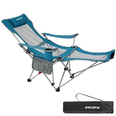 Abbildung von #WEJOY 2 in 1 Campingstuhl Faltbar, Strandstuhl mit Verstellbarer Rückenlehne &amp; Fußstütze Angelstuhl Campingstühle für Erwachsene Wattepad Kissen Getränkehalter Armlehnentaschen Cyan/Grau