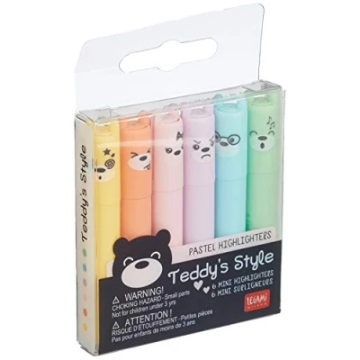 Abbildung von Legami Teddy&#039;s Style, Set mit 6 Mini Textmarkern, 1 x 7,5 cm, Gelb, Pfirsich, Rosa, Lila, Hellblau, Hellgrün, zum präzisen Unterstreichen und Markieren, Mehrfarbig 2