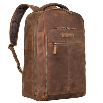 Abbildung von STILORD &#039;Gustav&#039; Leder Rucksack mit Laptop Fach 15 16 Zoll für Damen u. Herren vielen Fächern ideal Büro Uni Arbeit oder Freizeit Reise groß Echtleder, Farbe:avani braun