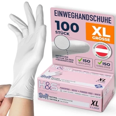 Abbildung von ISC Hygiene &amp; Safety Nitrilhandschuhe XL, Einweghandschuhe, Einmalhandschuhe, Kochhandschuhe Lebensmittel 100 Stück Größe 10 X Large weiß puderfrei non latex latexfrei Gummihandschuhe Einweg