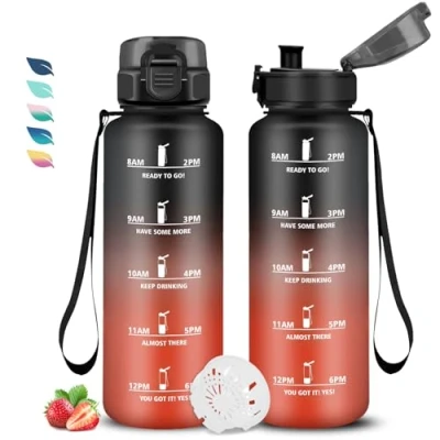 Abbildung von Trinkflasche 1.5l, Sport, Auslaufsicher, Wasserflasche mit Filter und Zeitmarkierung, Kohlensäure Geeignet, Leicht zu Reinigen, für Fitness, Schule, Outdoor