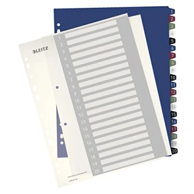 Abbildung von Leitz Register für A4, PC beschriftbares Deckblatt und 20 Trennblätter, Taben mit Zahlenaufdruck 1 20, Überbreite, Weiß/Mehrfarbig, PP, Style, 12390000