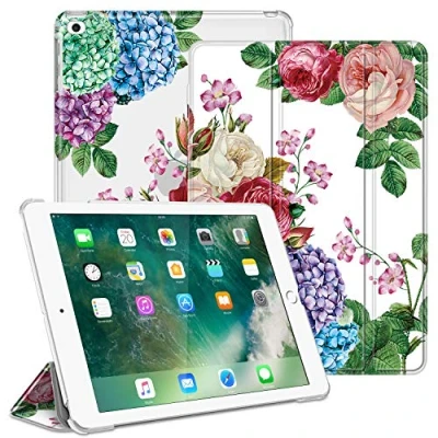 Abbildung von Fintie Hülle für iPad 9.7 Zoll 2018 2017 / Air 2 (2014) (2013) Ultradünn Schutzhülle mit transparenter Rückseite Abdeckung Cover Auto Schlaf/Wach Funktion, Blumengarten
