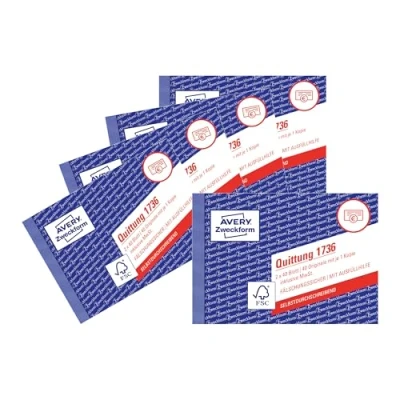 Abbildung von AVERY Zweckform 1736 5 Quittungsblock (A6 quer, 2x40 Blatt, mit Durchschlag, fälschungssicher, inkl. MwSt., für Deutschland und Österreich) 5er Pack weiß/gelb