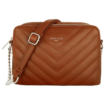 Abbildung von CRAZYCHIC Damen Gesteppte Umhängetasche Kleine Handtasche Kette Schultertasche Frau Steppmuster PU Leder Tasche Rechteckige Viele Fächern Crossbody Bag Clutch Handy Party Braun Cognac