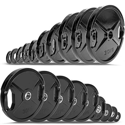 Abbildung von C.P. Sports Olympiascheiben als Paar GUMMIERT 5 KG Hantelscheiben/Gewichte/Weight Plates 50mm aus Gusseisen mit Grifflöchern für Gewichtheben und Kraftsport
