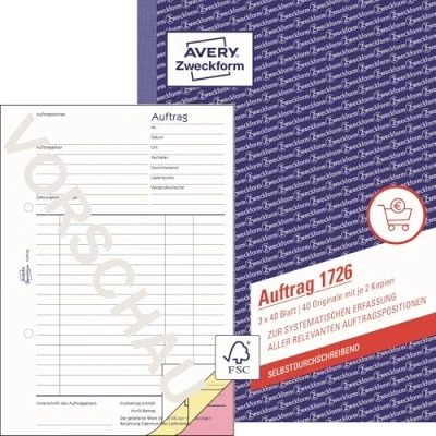 Abbildung von AVERY Zweckform 1726 Auftrag (A5, 3x40 Blatt, selbstdurchschreibend mit farbigen Durchschlägen, zur systematischen Erfassung aller relevanten Auftragspositionen) weiß/gelb/rosa
