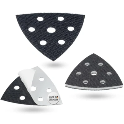 Abbildung von DFS Deltaschleifer Zubehör Set 3 fach Softauflage, Schutzauflage, Klettscheibe selbstklebend als Ersatzklett für Schleifplatte 93x93x93 mm 6 Loch,Interface Pad Schleifpapier Dreieckschleifer
