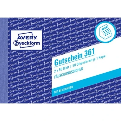 Abbildung von AVERY Zweckform 361 Gutschein (A6 quer, mit 1 Blaupapier, von Rechtsexperten geprüft, fälschungssicher, Ausfüllhilfe, für Deutschland zum Erstellen Gutschriften, 2x50 Blatt) weiß/gelb