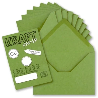 Abbildung von 100x Kraftpapier Umschläge DIN C6 Hellgrün 11,4 x 16,2 cm ohne Fenster Vintage Briefumschläge mit Nassklebung Spitzklappe NEUSER PAPIER
