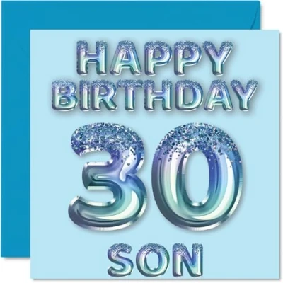 Abbildung von Stuff4 Geburtstagskarte zum 30. Geburtstag für Sohn, blaue Glitzer Party Luftballons, Happy Birthday Karten den von Mama Papa Eltern, 145 mm x