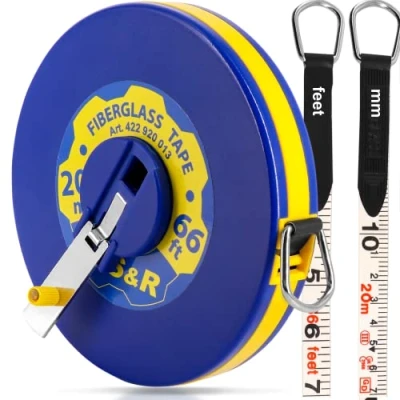 Abbildung von S&amp;R Bandmaß Fiberglas 20m / 66 Ft, Breite 13mm, Rollmeter METER und ZOLL doppel Seiten markiert, Rollmaßband 20 m Maßmeter Kapselbandmass